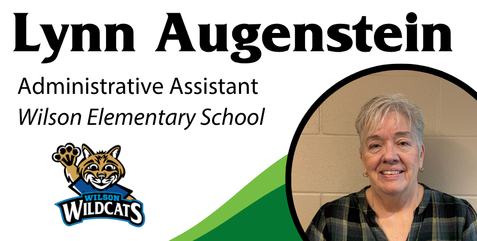 photo of Lynn Augenstein, Administrative Assistant, Wilson Elementary School with the Wilson logo